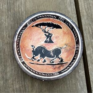 Hand Painted Carved Soapstone African Rhino Safari Print Small Bowl